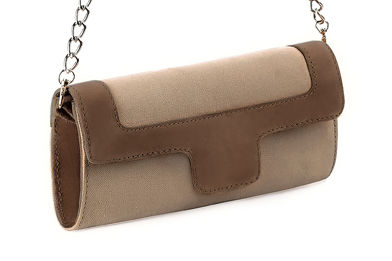 Women's tan beige and chocolate brown luxurious elegant clutch for ceremonies, weddings and evenings out. - Front view